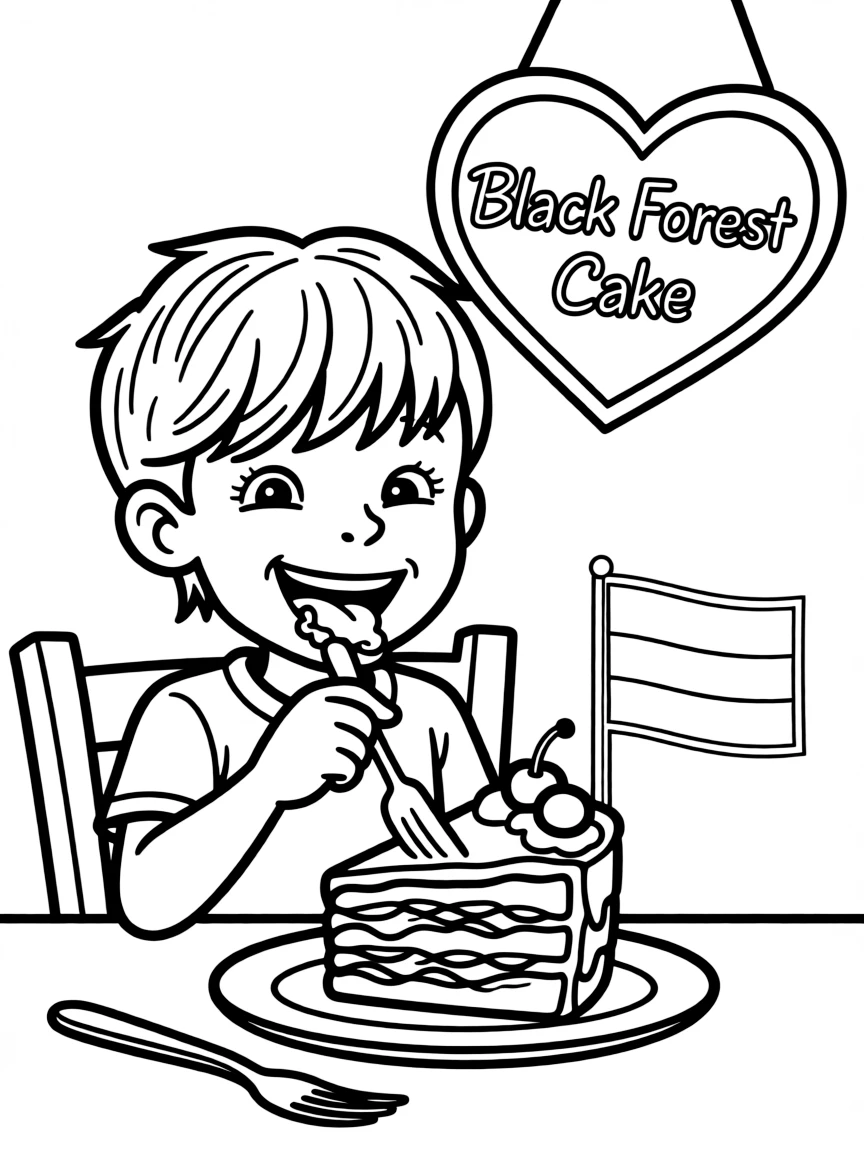 A child eating a Black Forest cake for Germany.