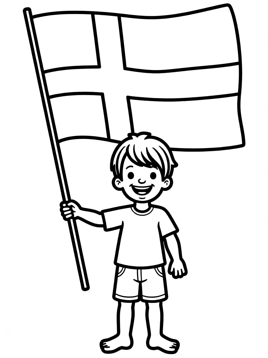A smiling child holding a flag of Sweden.