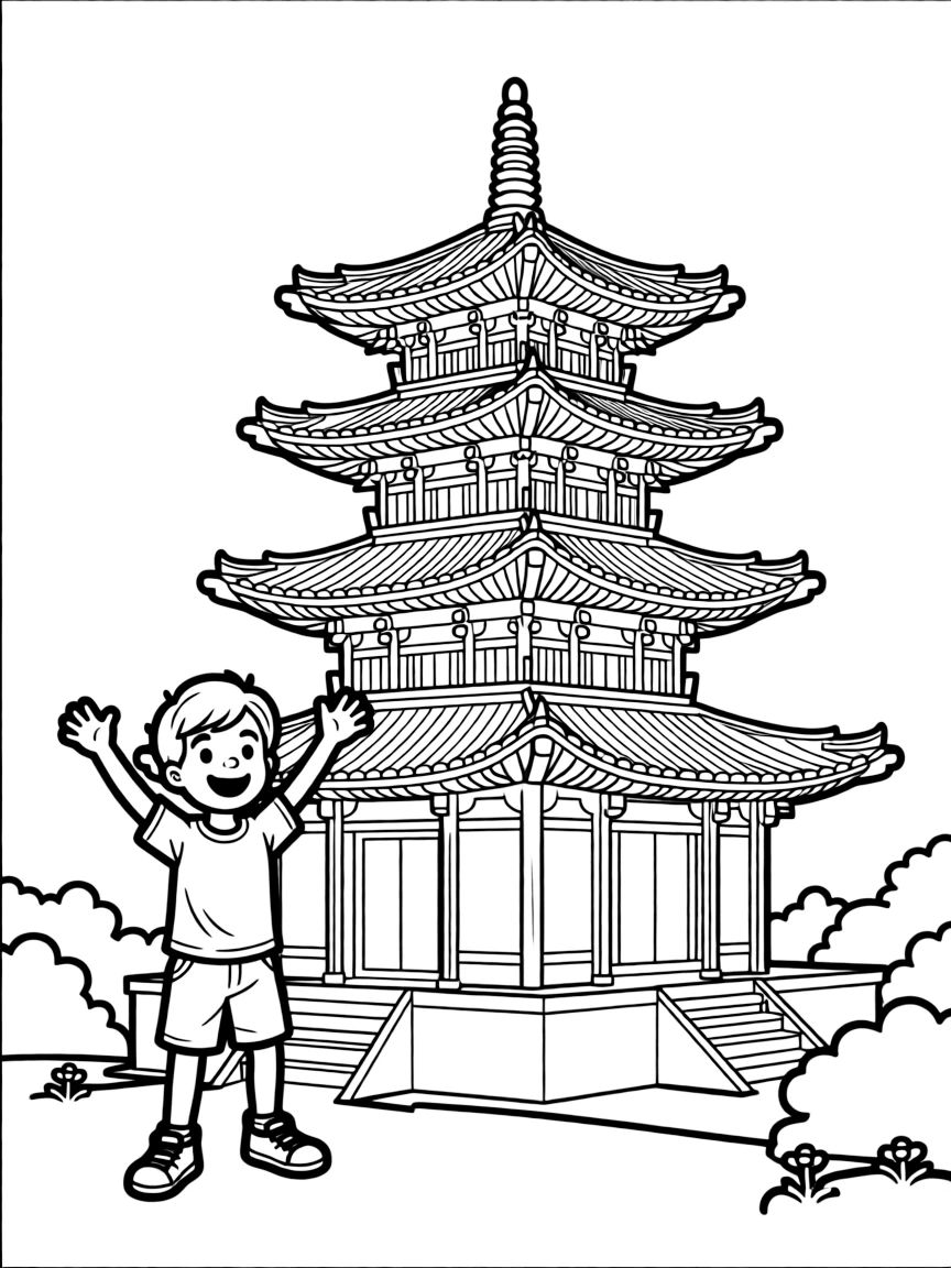 A happy child with a pagoda for South Korea.