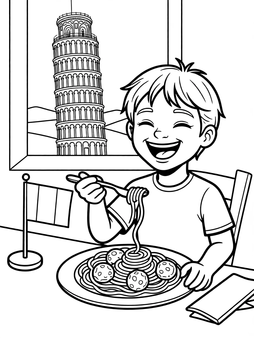 A happy child eating spaghetti for Italy.