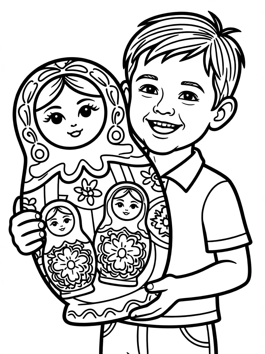 A cheerful child with a Russian nesting doll for Russia.