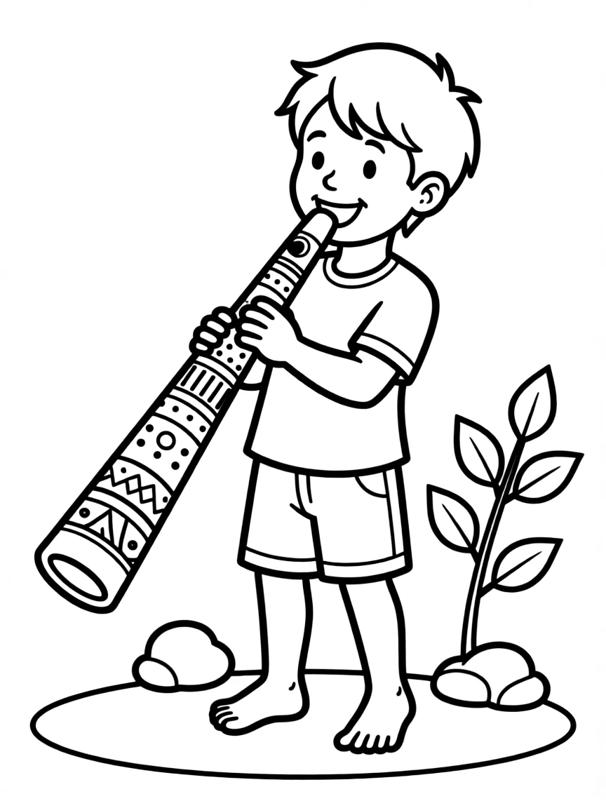 A happy child with a didgeridoo for Australia.