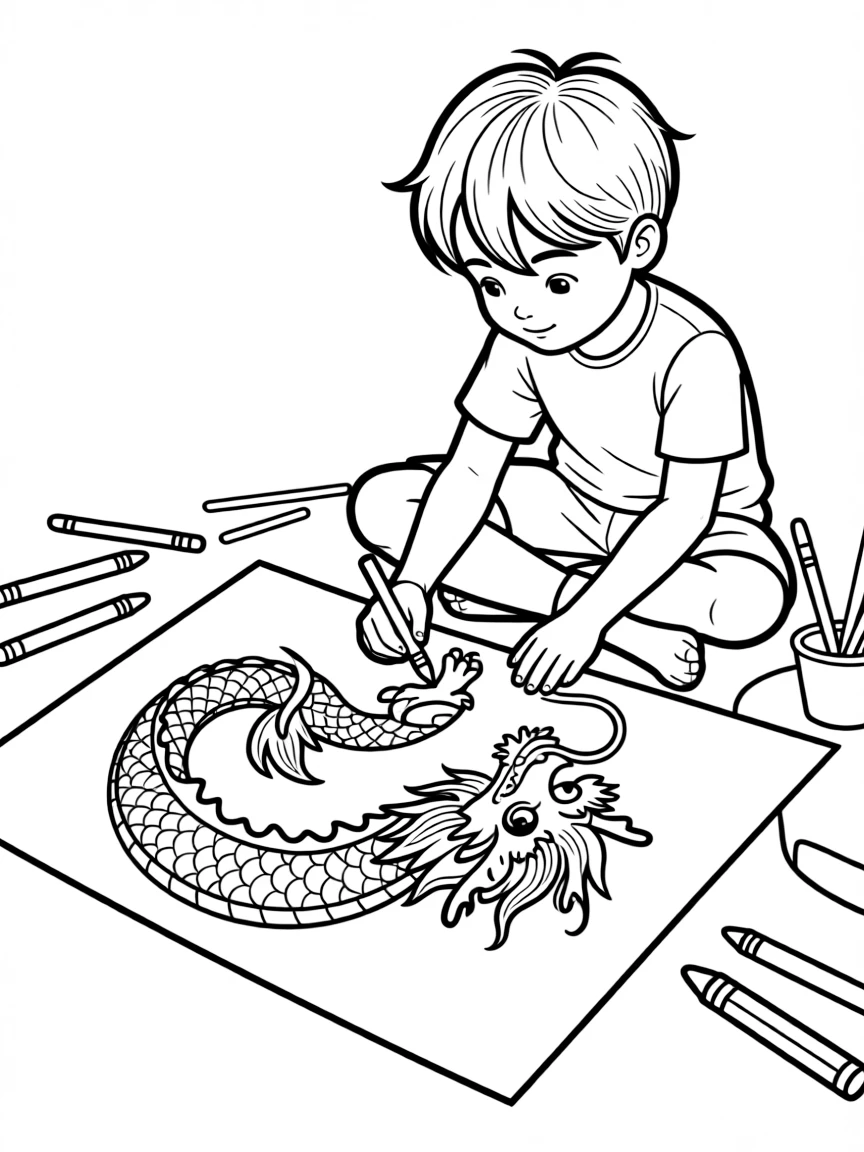 A child drawing a dragon for China.