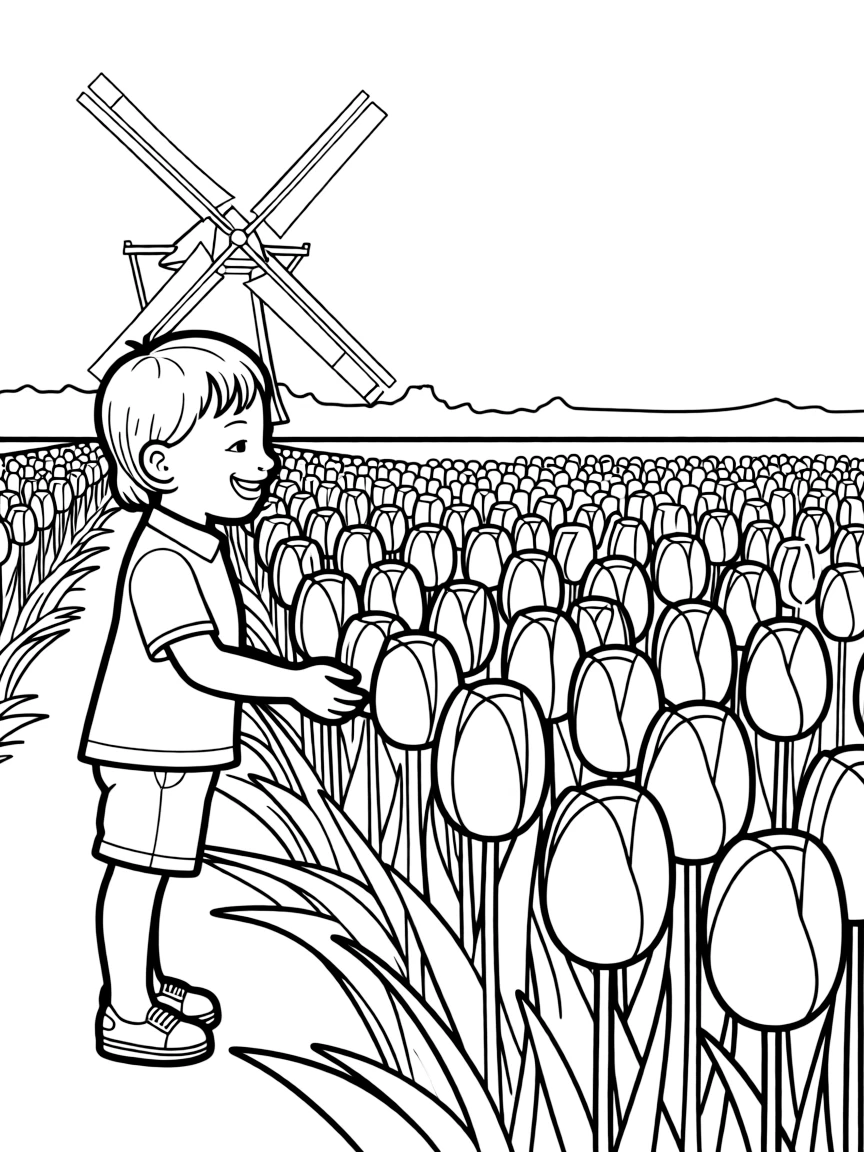 A smiling child next to a field of tulips for Netherlands.