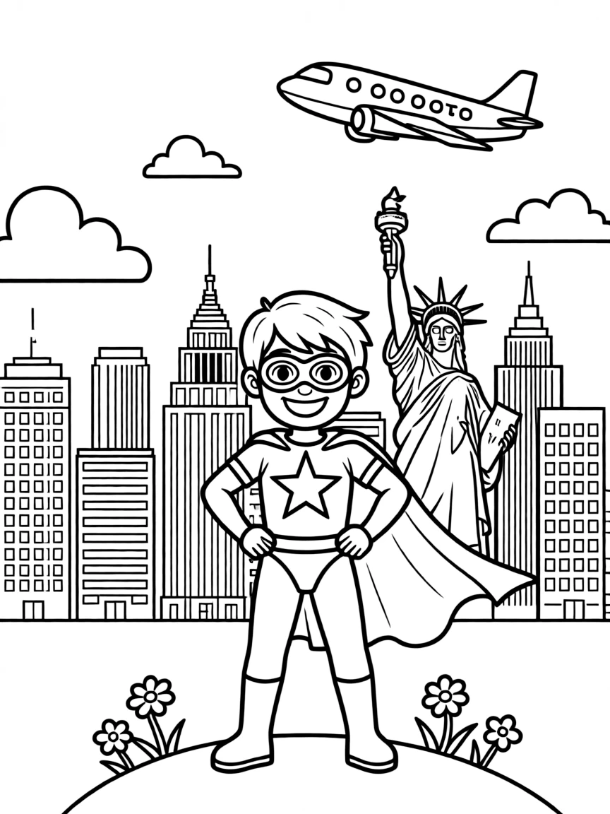 A cheerful child with a superhero costume and a city skyline for USA.