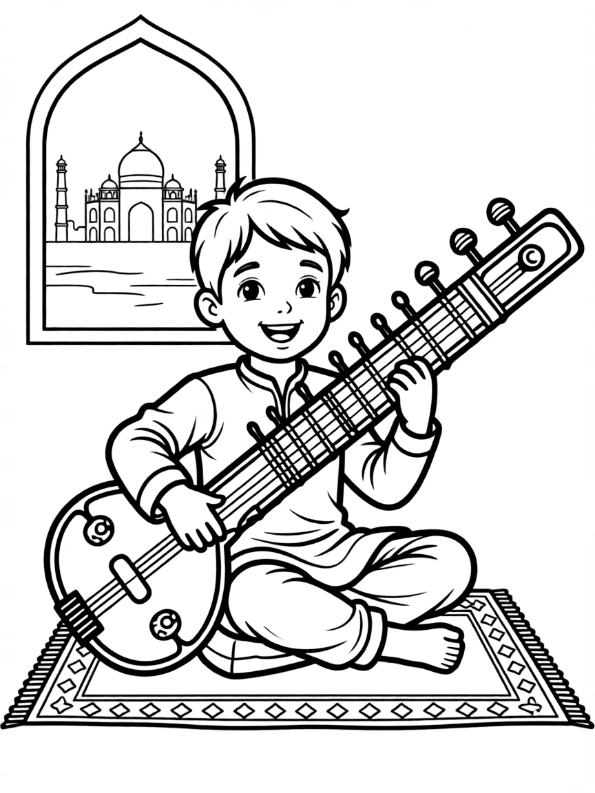 A happy child playing a sitar for India.