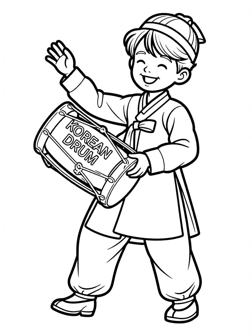 A happy child with a traditional Korean drum for South Korea.