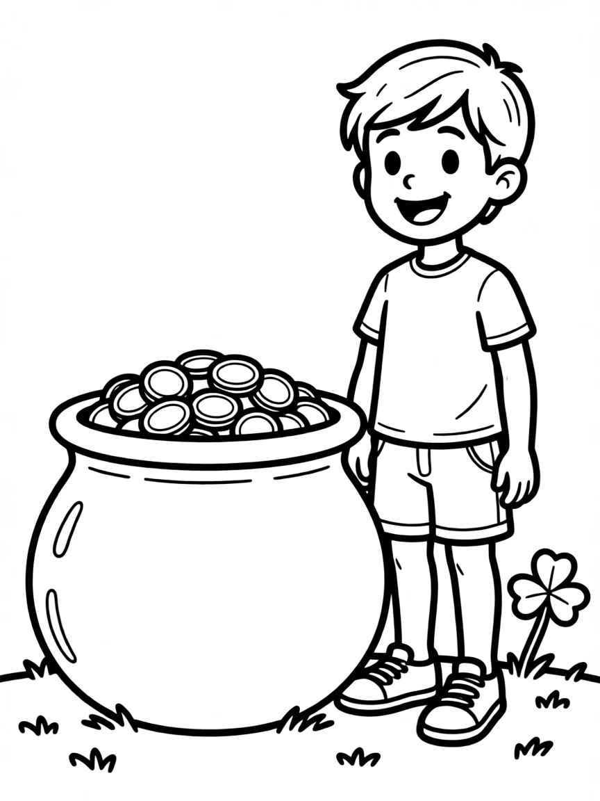 A cheerful child with a pot of gold for Ireland.