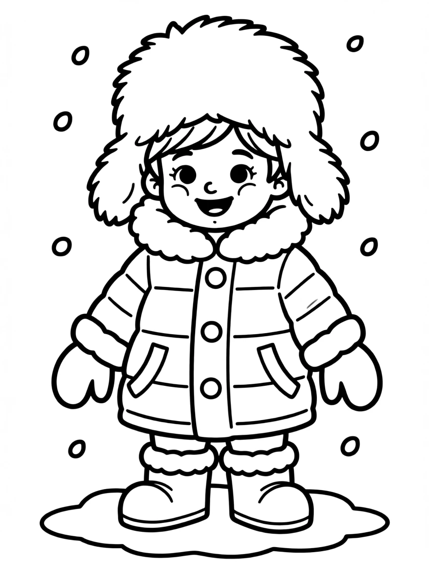 A cheerful child with a fur hat and a big coat for Russia.