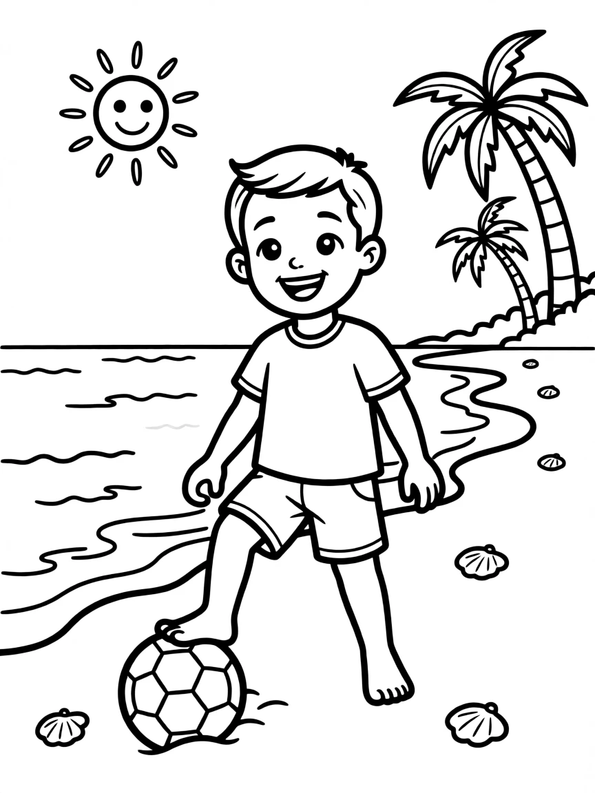 A smiling child playing soccer on the beach for Brazil.