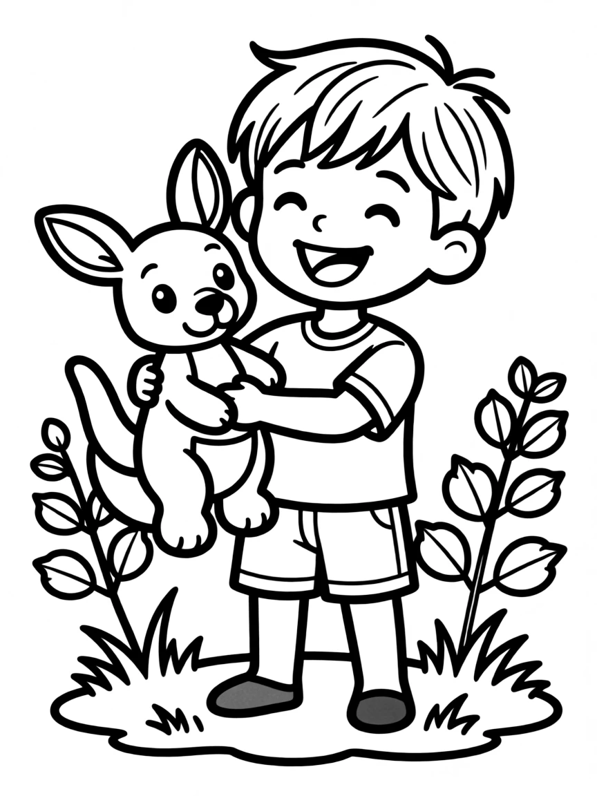 A happy child with a kangaroo plush toy for Australia.