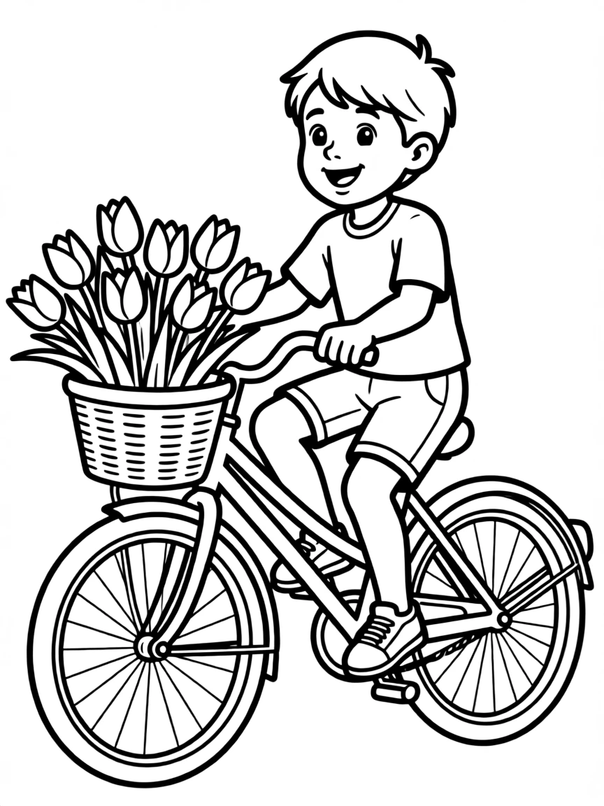 A smiling child riding a bicycle with a basket of tulips for Netherlands.