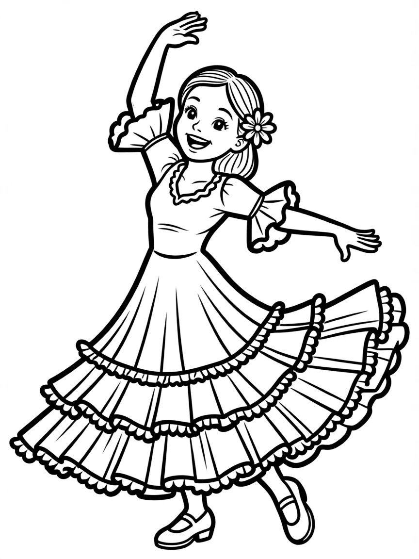 A happy child dancing with a flamenco dress for Spain.