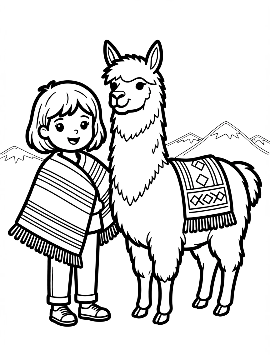 A child with a colorful blanket (poncho) and a llama for Peru.
