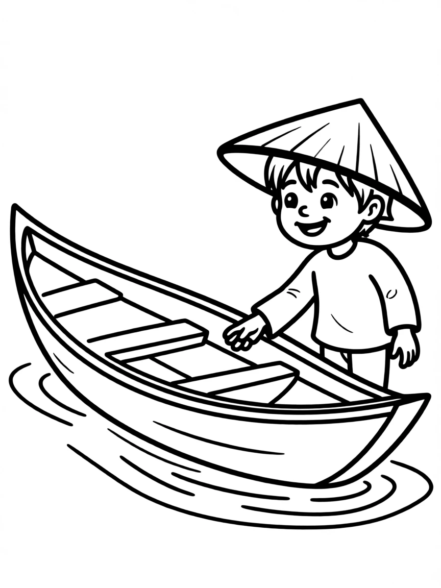A cheerful child with a cone-shaped hat (nón lá) and a boat for Vietnam.