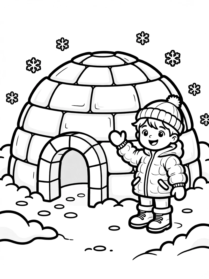 A smiling child near an igloo for Antarctica.