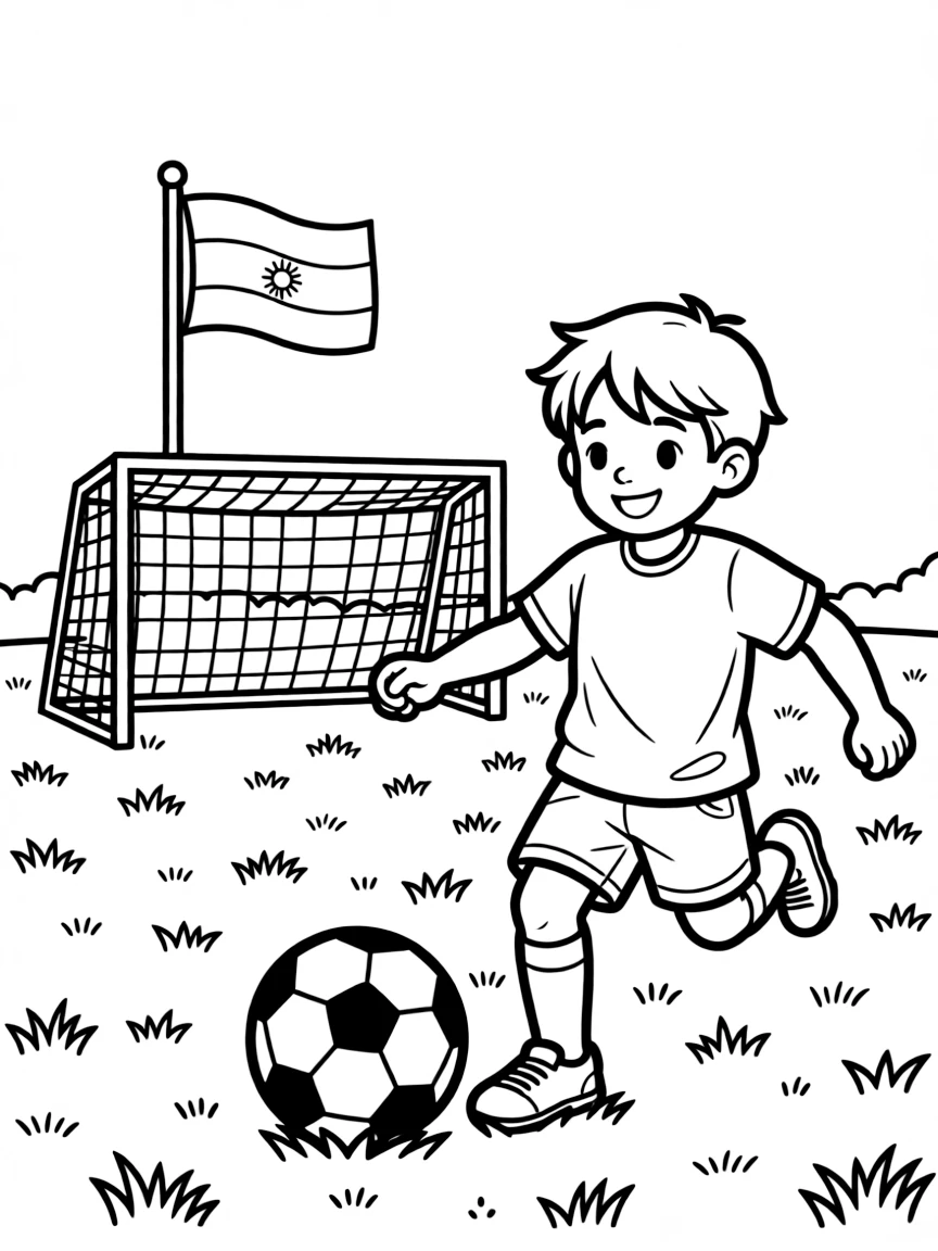 A happy child kicking a soccer ball in a field for Argentina.
