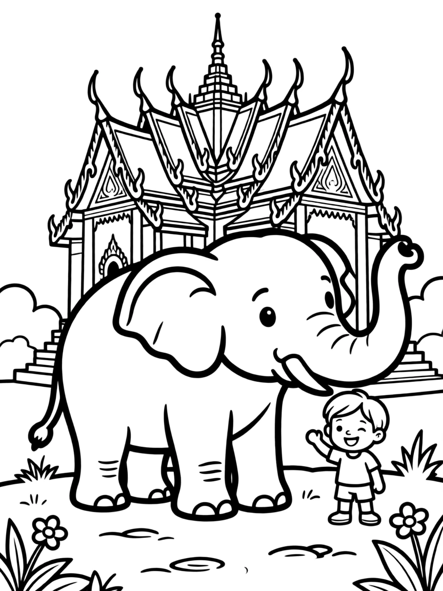 A smiling child with an elephant and a temple for Thailand.