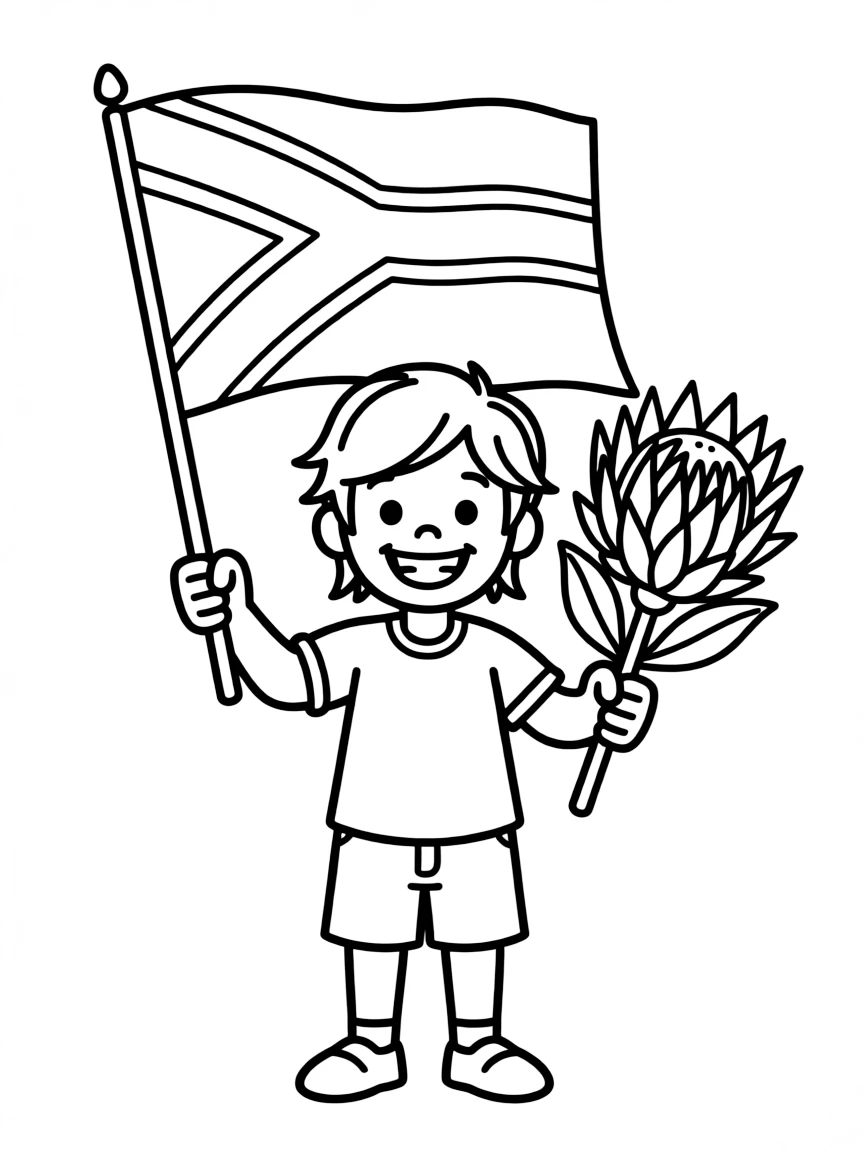 A happy child holding a flag of South Africa and a protea flower.