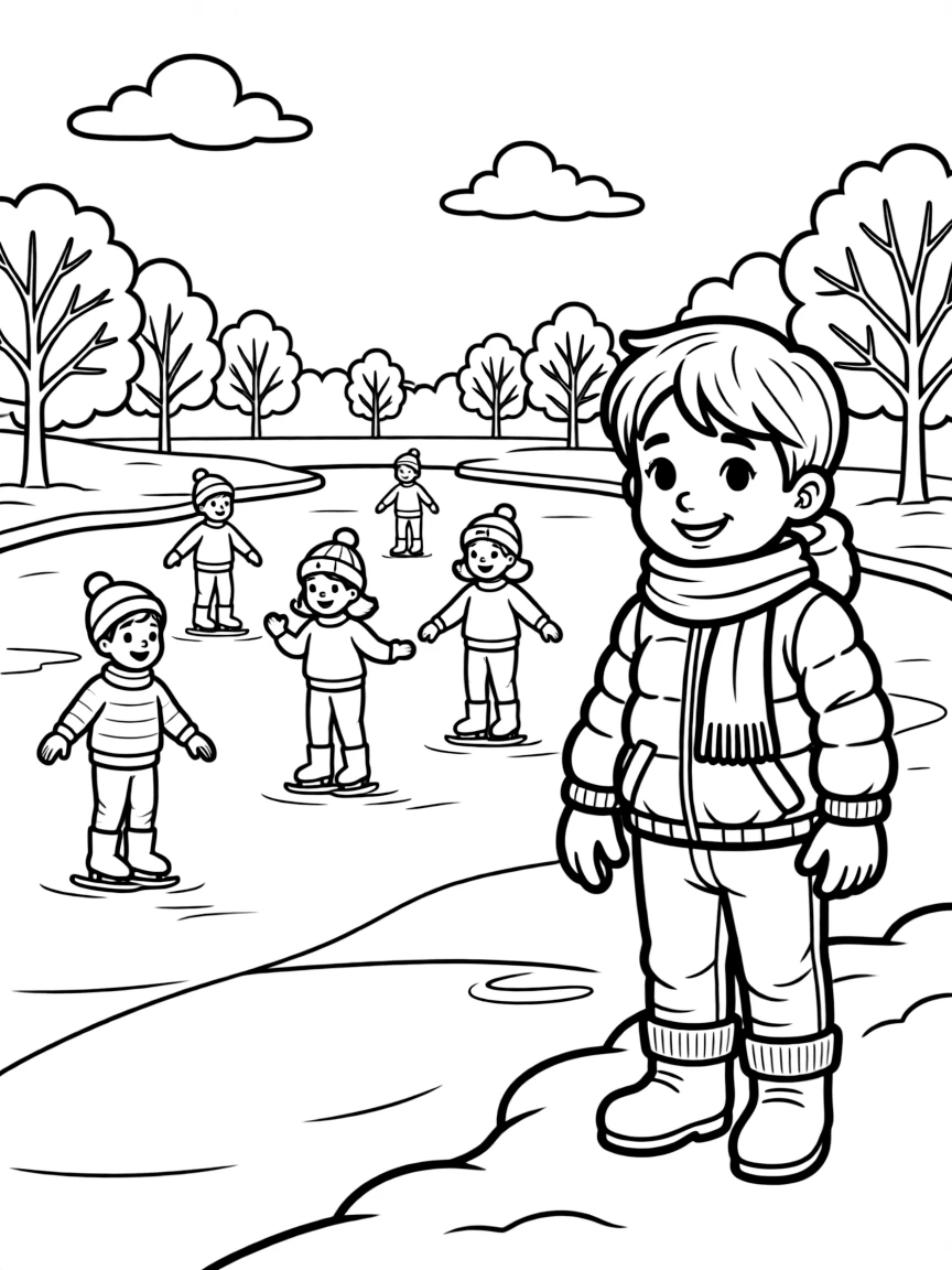 A cheerful child near a frozen lake with ice skaters for Finland.