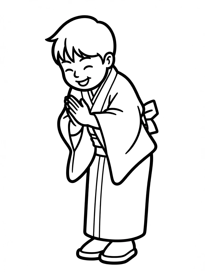 A smiling child bowing respectfully for Japan.