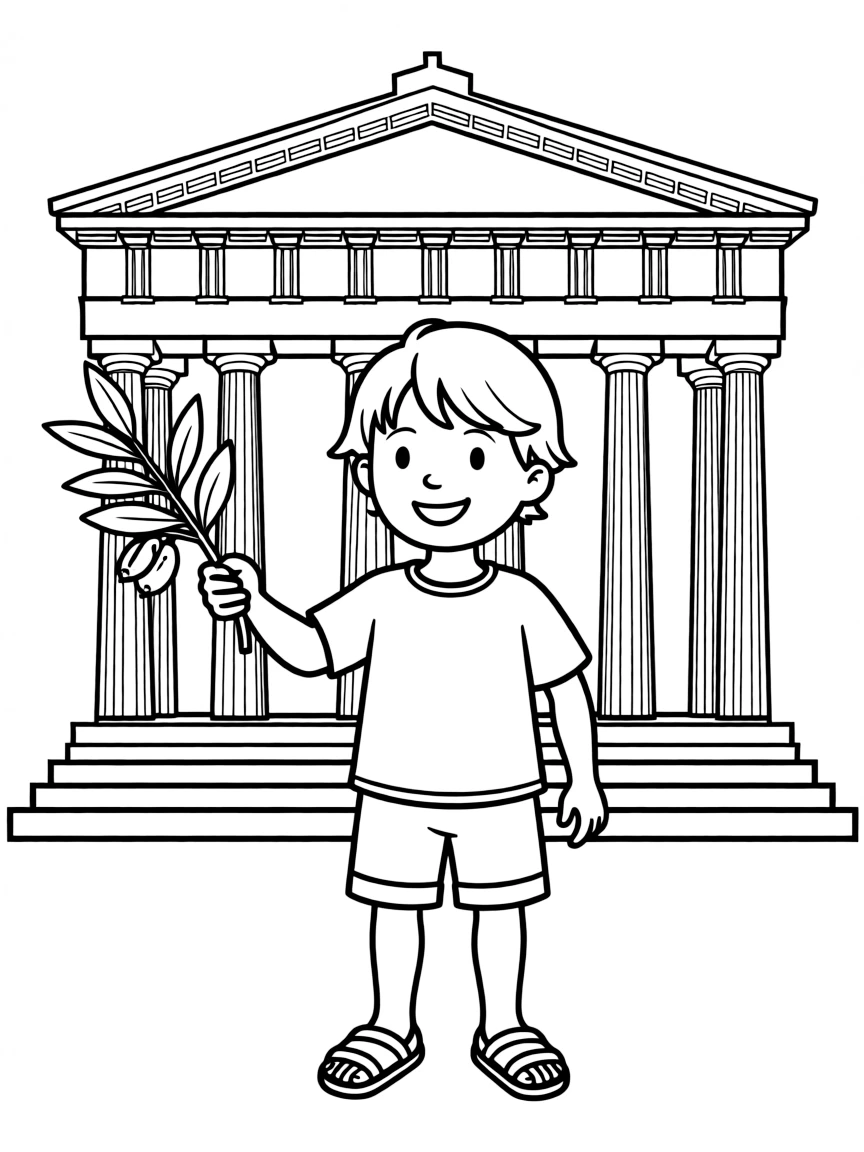 A cheerful child with an olive branch and a Greek temple for Greece.