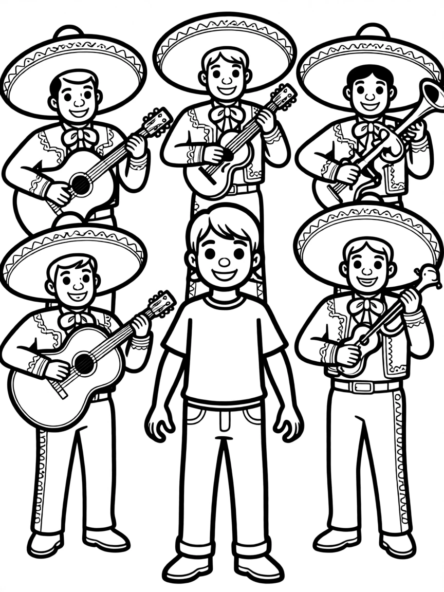 A smiling child with a mariachi band for Mexico.