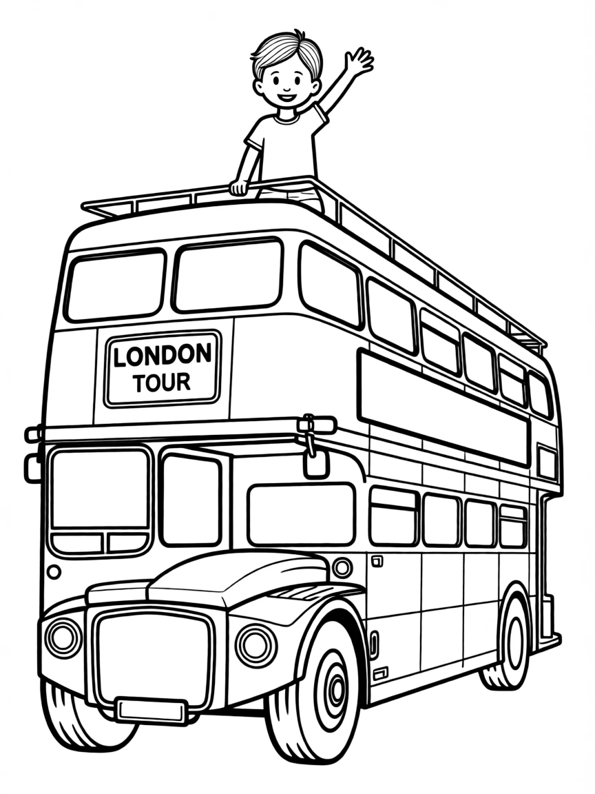 A happy child on a double-decker bus for United Kingdom.