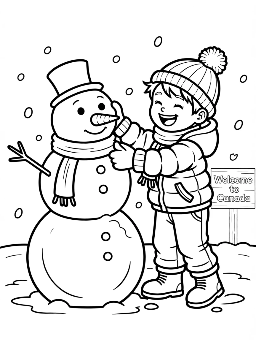A child playing with a snowman for Canada.