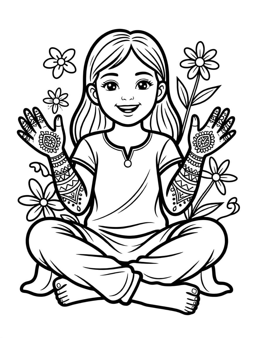 A cheerful child with henna on their hands for India.