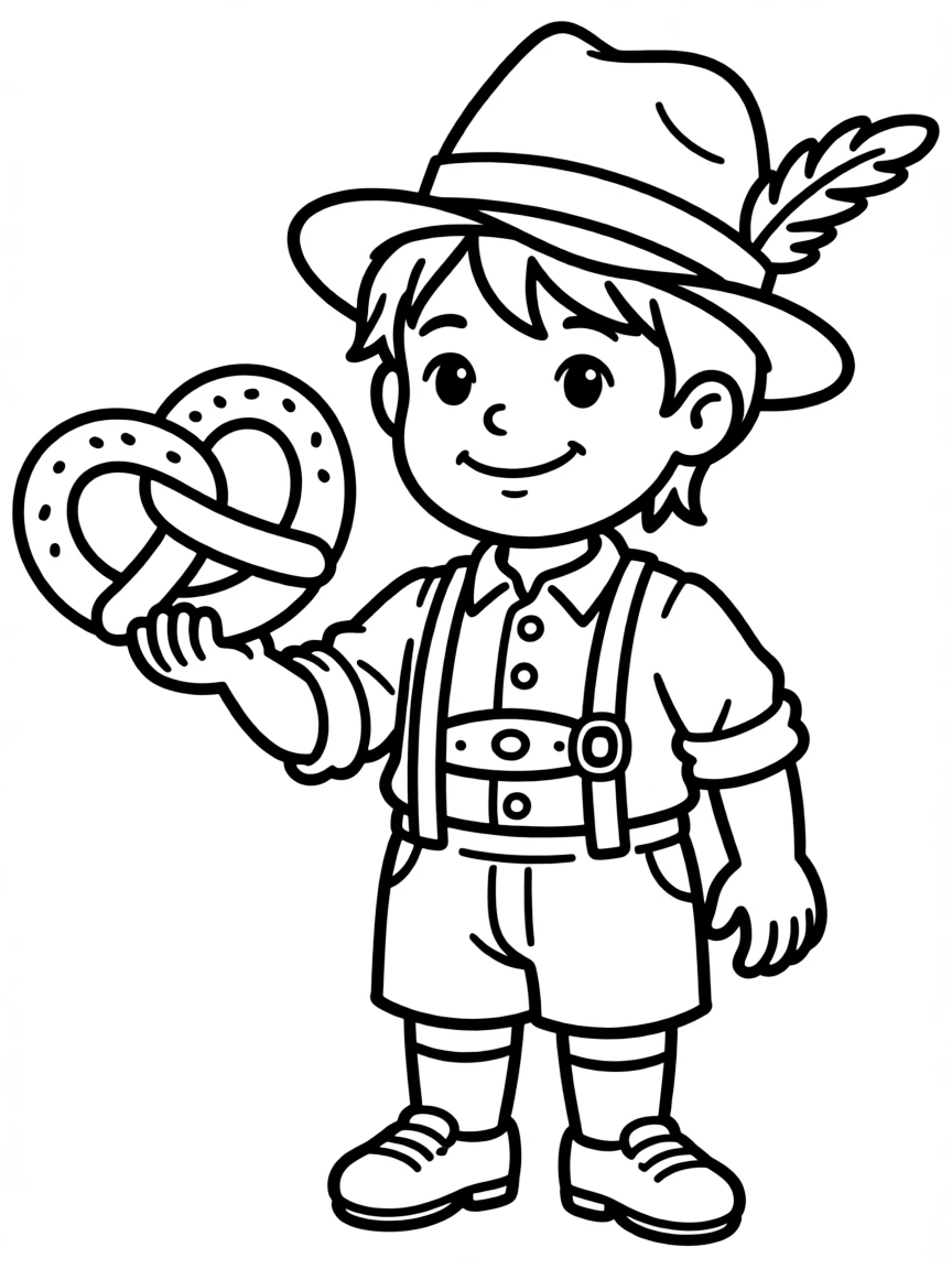A smiling child with a traditional German hat and a pretzel for Germany.