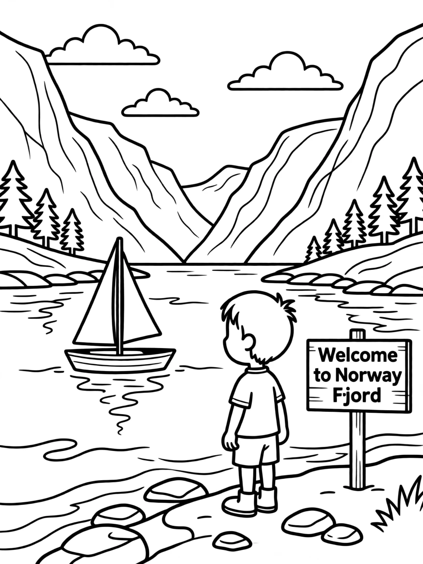 A happy child exploring a fjord for Norway.