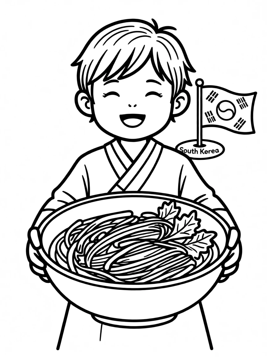 A cheerful child with a kimchi bowl for South Korea.