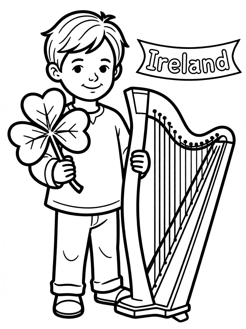 A child with a shamrock and a harp for Ireland.