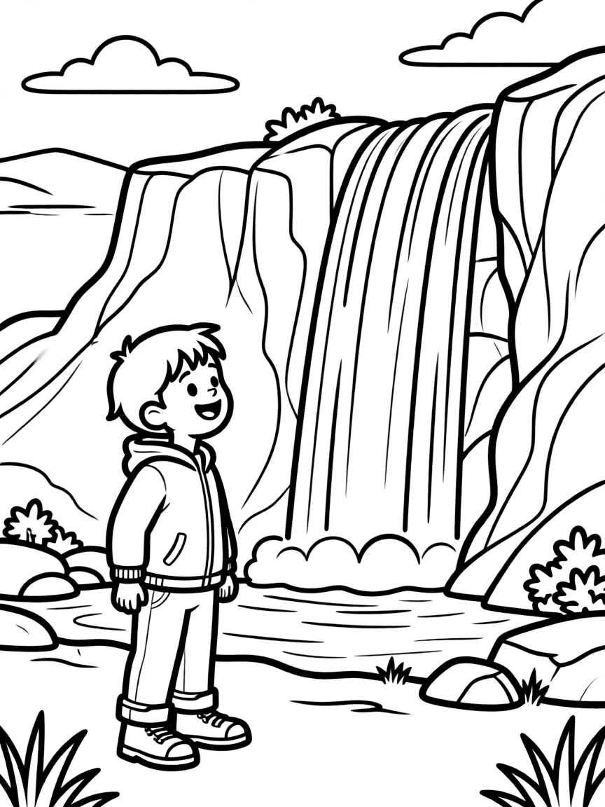 A smiling child near a waterfall for Iceland.