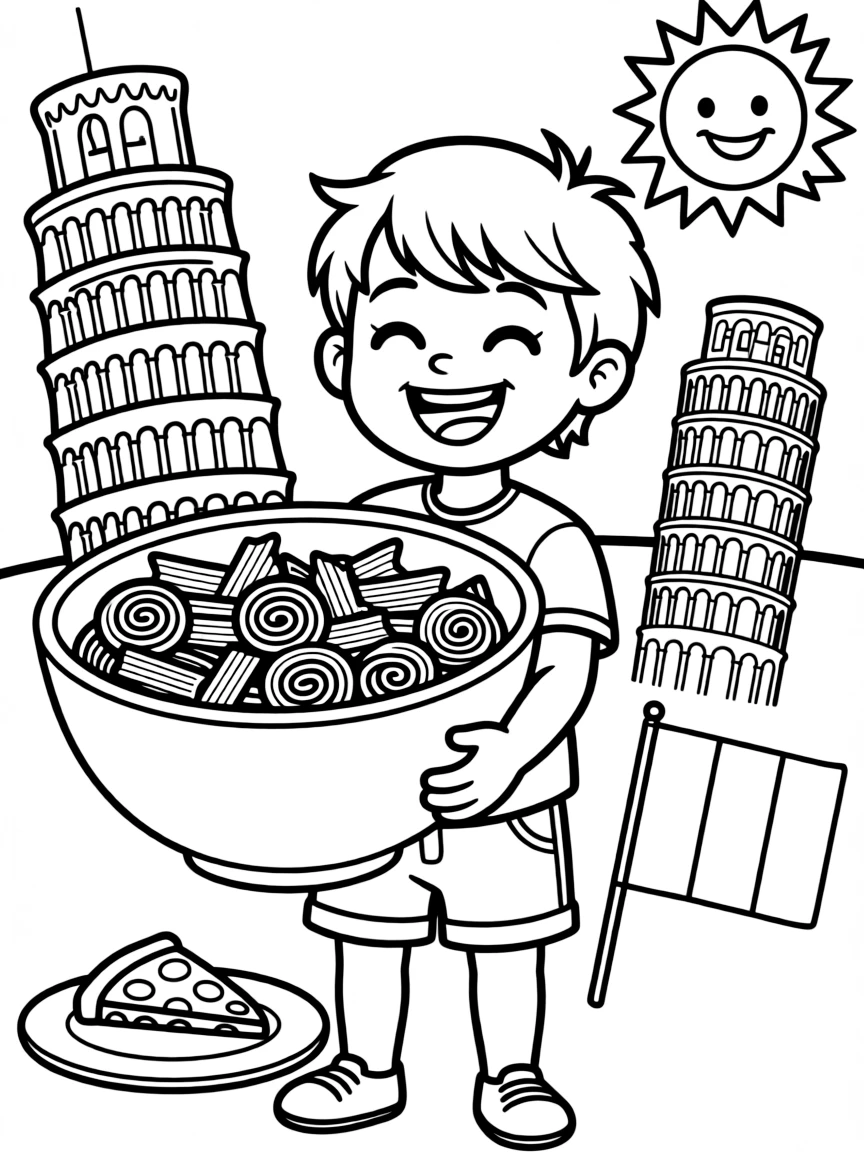 A happy child with a bowl of pasta for Italy.