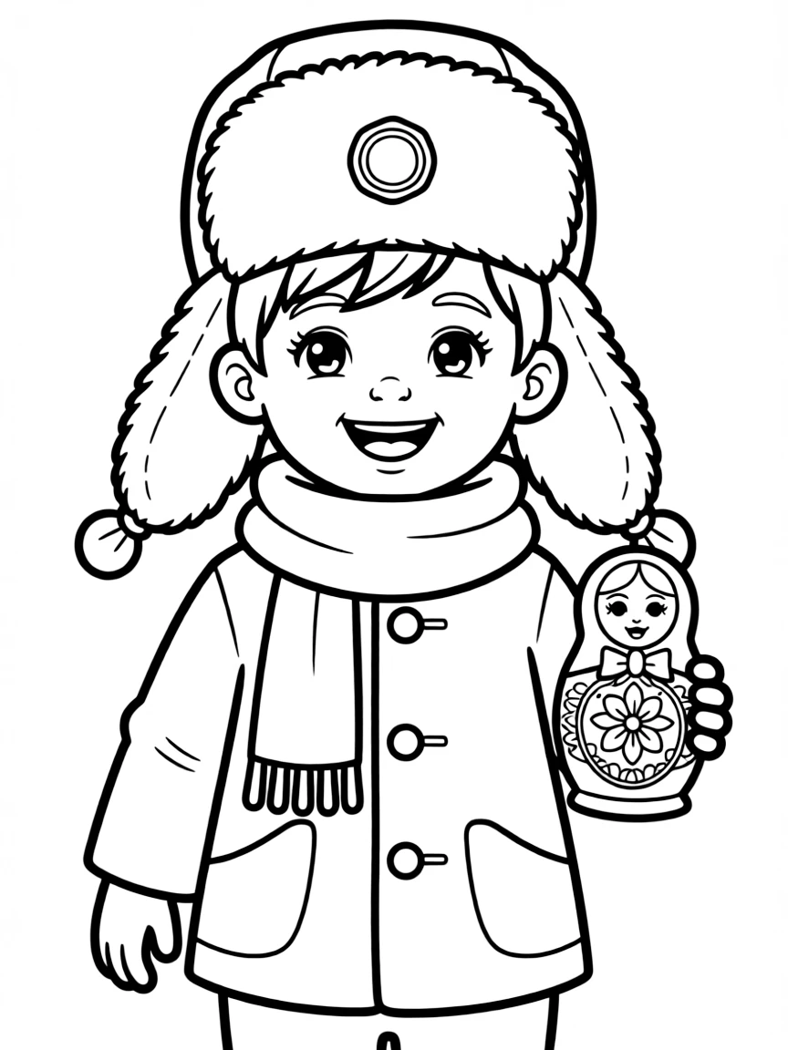 A cheerful child with a traditional Russian hat (ushanka) for Russia.