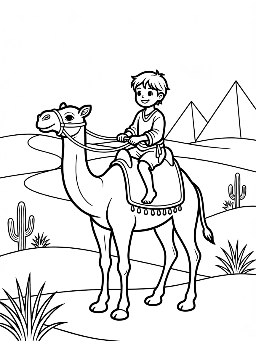A child riding a camel in the desert for Egypt.
