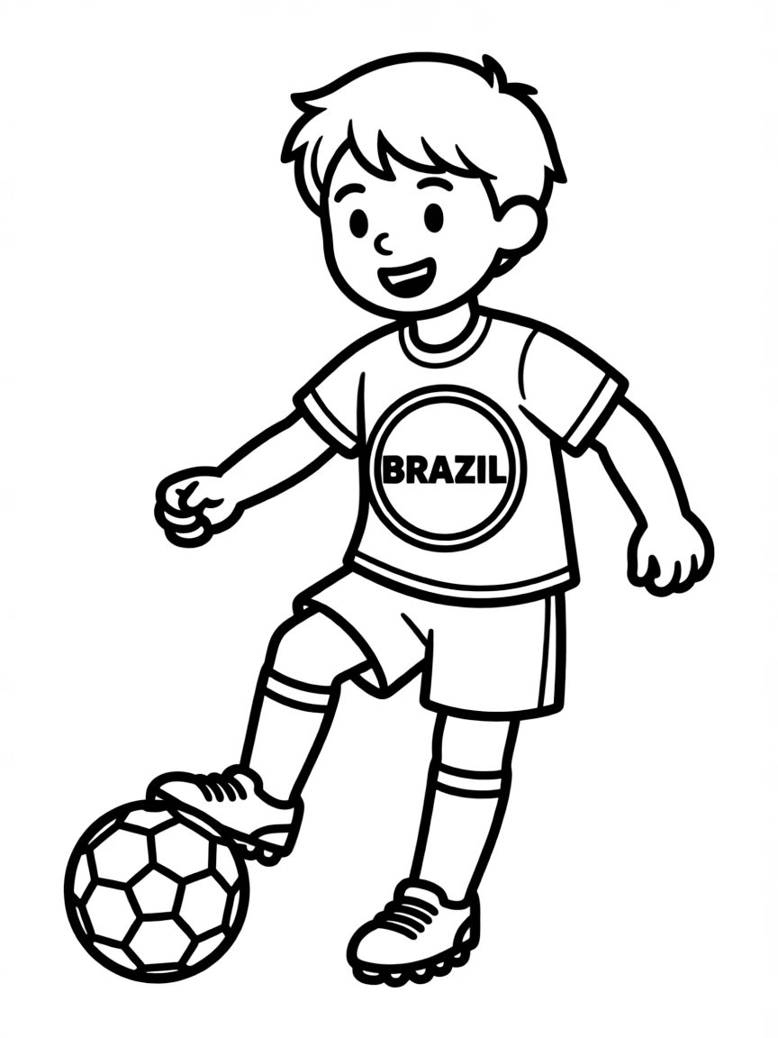 A smiling child playing football for Brazil.