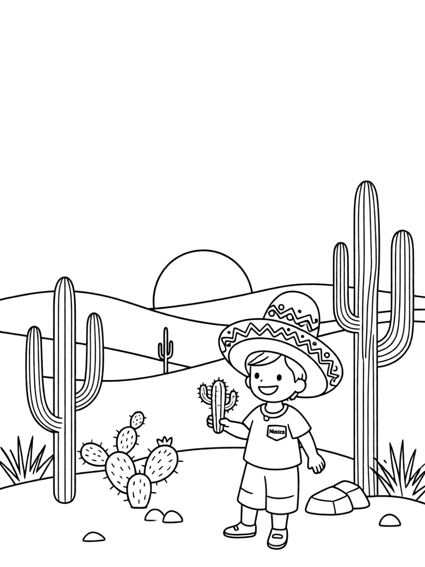 A child with a sombrero and a desert landscape for Mexico.