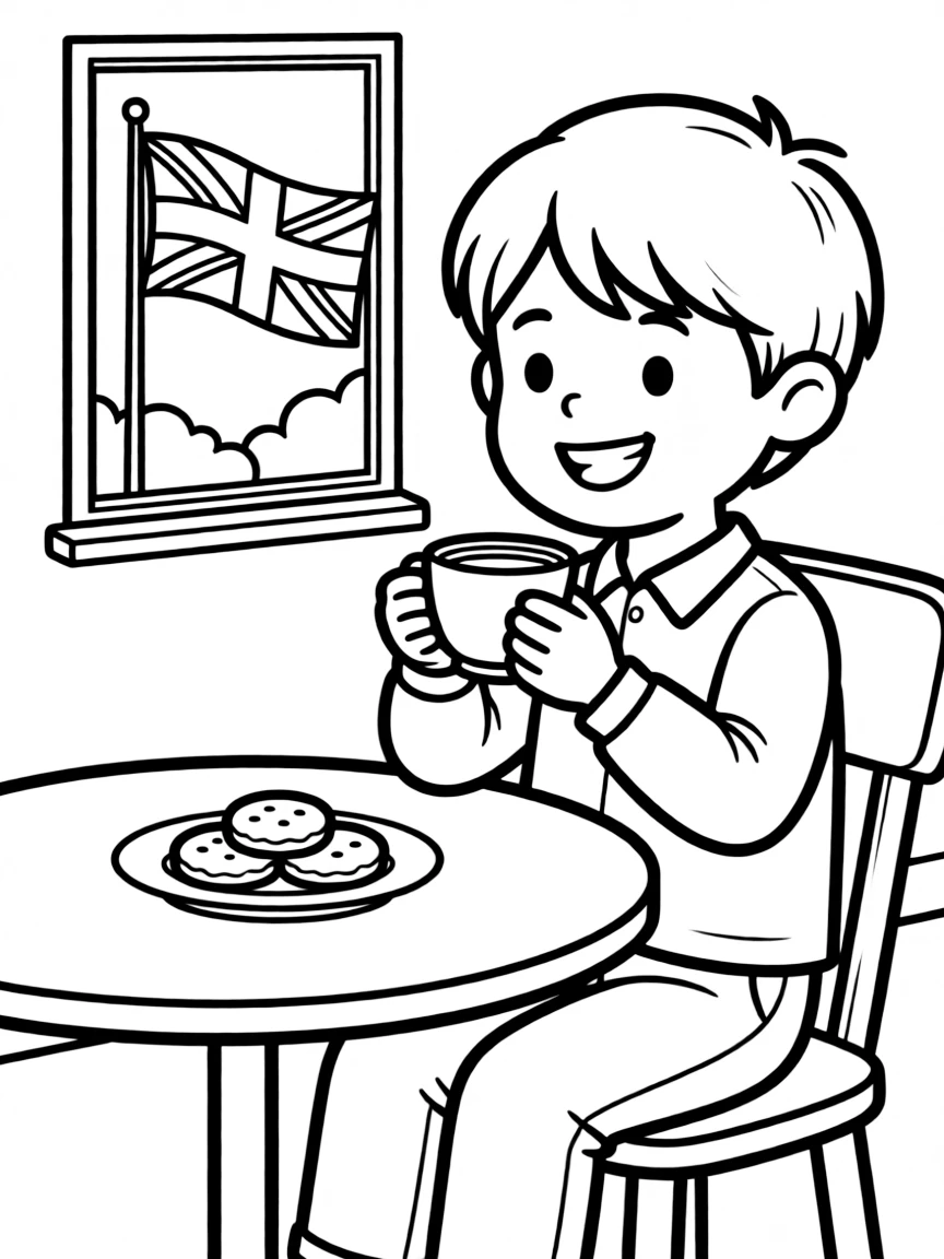 A smiling child drinking tea with biscuits for United Kingdom.