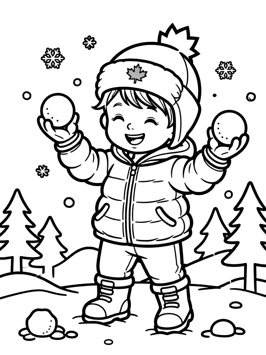 A cheerful child playing in the snow with a red maple leaf on their hat for Canada.