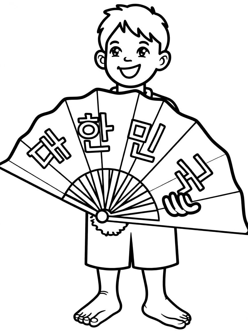 A happy child holding a fan with Korean writing for South Korea.