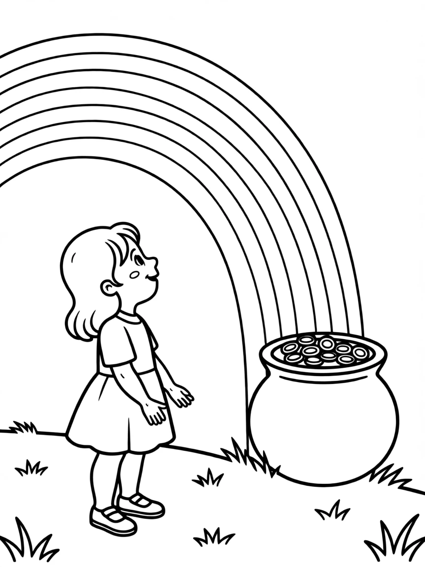 A cheerful child looking for a pot of gold at the end of a rainbow for Ireland.