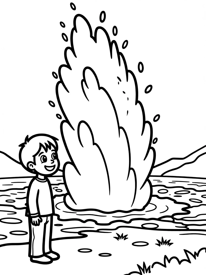 A smiling child next to a geyser for Iceland.