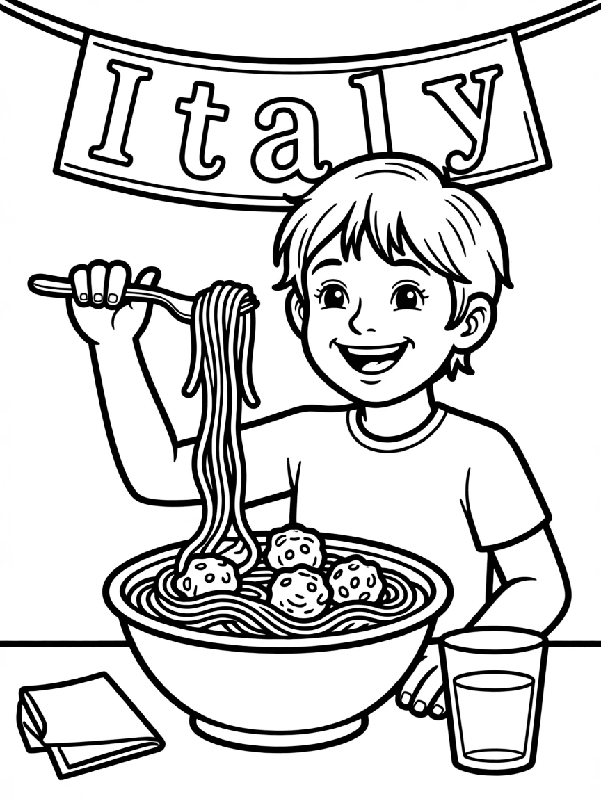 A happy child with a bowl of spaghetti and meatballs for Italy.