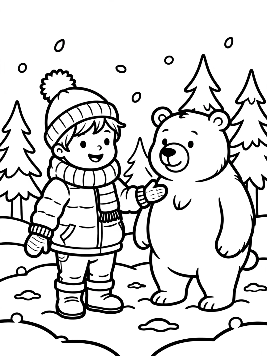 A cheerful child in a snowy landscape with a bear for Russia.