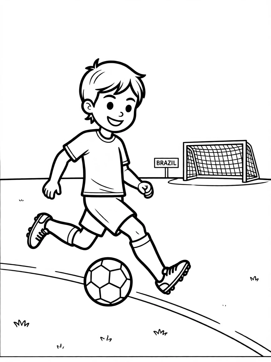 A smiling child playing soccer on a vibrant green field for Brazil.