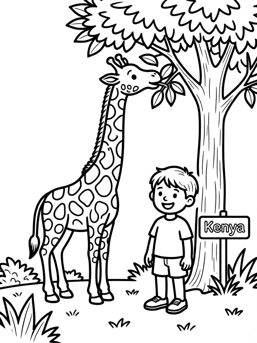 A cheerful child watching a giraffe eat leaves from a tree for Kenya.