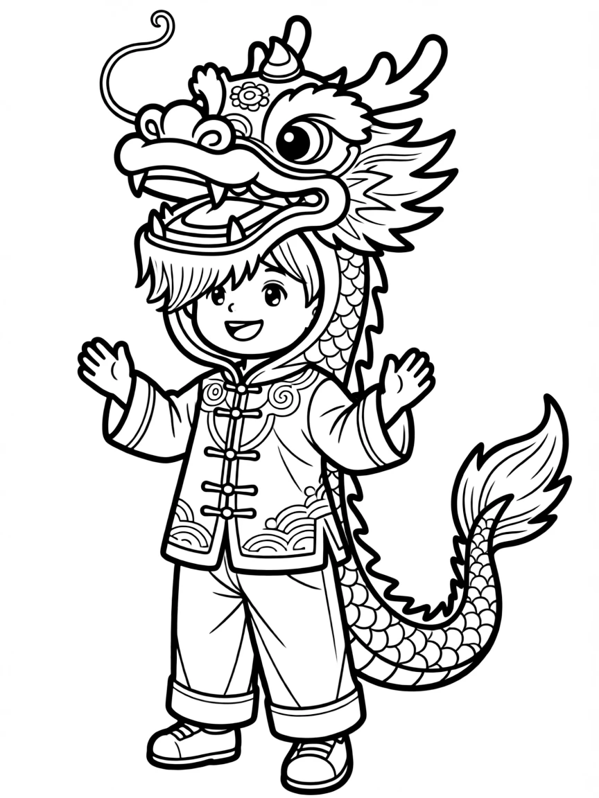 A child with a Chinese dragon costume for China.